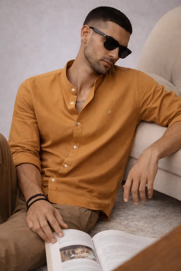 Mustard_Yellow_Mandarin_Collar_Casual_Shirt