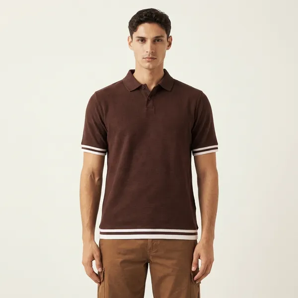 Brown_Textured_Polo_T-Shirt_With_Striped_Hem