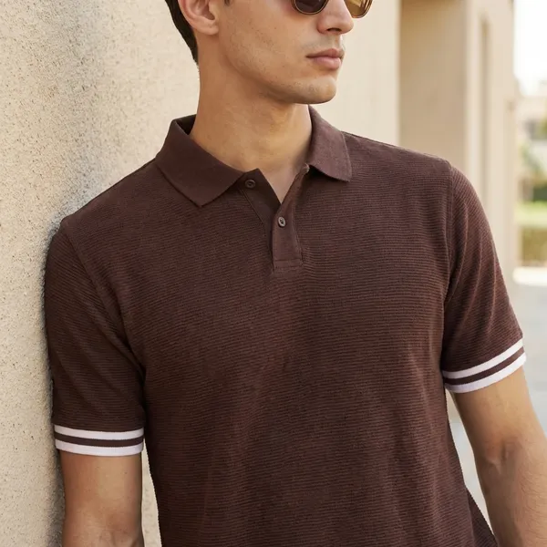 Brown_Textured_Polo_T-Shirt_With_Striped_Hem