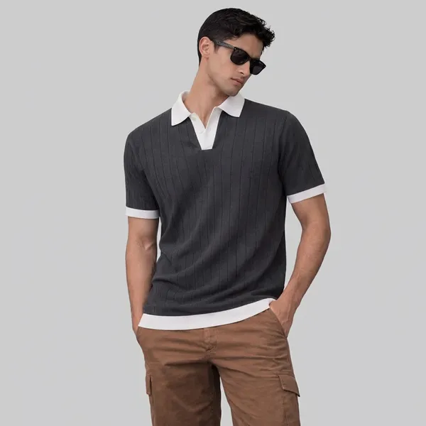 Black_Ribbed_Knit_Polo_T-Shirt_With_White_Contrast_Trim