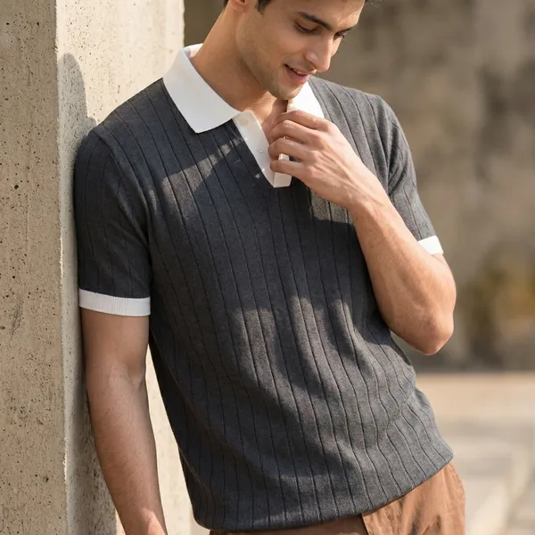Black_Ribbed_Knit_Polo_T-Shirt_With_White_Contrast_Trim