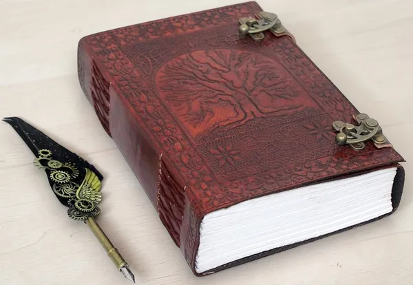600_Pages_Handmade_Large_Leather_Journal_|_Embossed_Tree_Of_Life_Book_Of_Shadows_|_Seven_Chakra_Grimoire_Sketchbook_|_Brown_And_Red