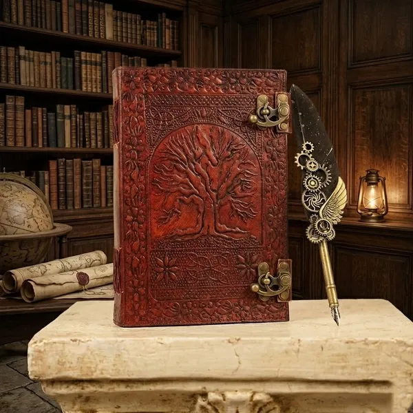 600_Pages_Handmade_Large_Leather_Journal_|_Embossed_Tree_Of_Life_Book_Of_Shadows_|_Seven_Chakra_Grimoire_Sketchbook_|_Brown_And_Red