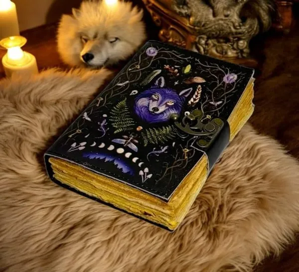 Book_Of_Spells_Leather_Bound_Journal_|_Deckle_Edge_Paper_Grimoire_Printed_Diary_|_Spiral_Gothic_Antique_Vintage_Book_For_Men_And_Women_|_Wolf