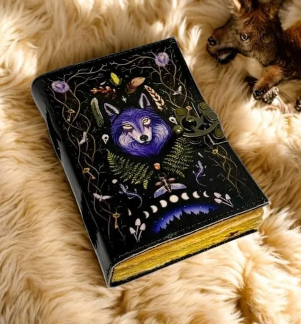 Book_Of_Spells_Leather_Bound_Journal_|_Deckle_Edge_Paper_Grimoire_Printed_Diary_|_Spiral_Gothic_Antique_Vintage_Book_For_Men_And_Women_|_Wolf