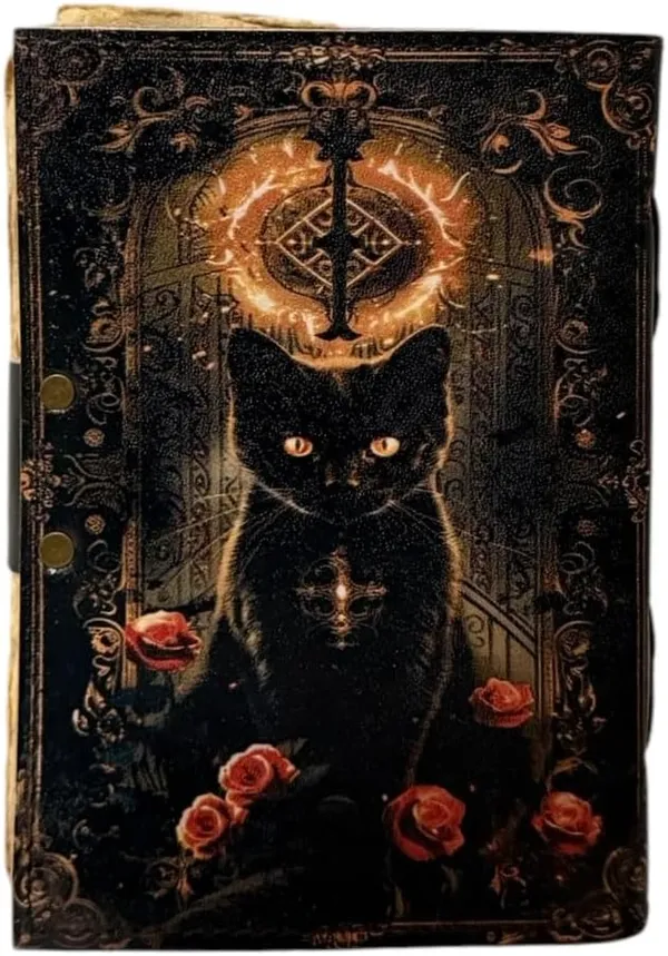 Book_Of_Spells_Leather_Bound_Journal_|_Deckle_Edge_Paper_Grimoire_Printed_Diary_|_Spiral_Gothic_Antique_Vintage_Book_For_Men_And_Women_|_Cat_And_Roses