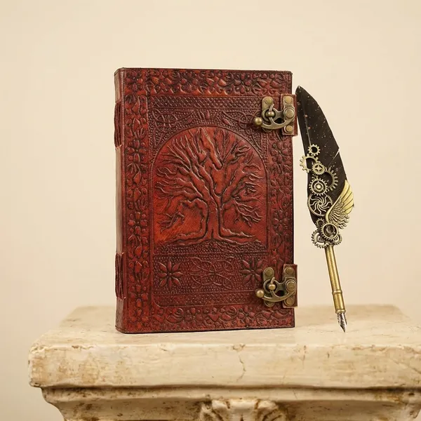 600_Pages_Handmade_Large_Leather_Journal_|_Embossed_Tree_Of_Life_Book_Of_Shadows_|_Seven_Chakra_Grimoire_Sketchbook_|_Brown_And_Red
