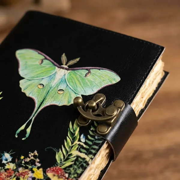 Spell_Book_Of_Shadows_Journal_With_Lock_Clasp_|_Vintage_Handmade_Leather_Luna_Moths_And_Morpho_Butterfly_Notebook