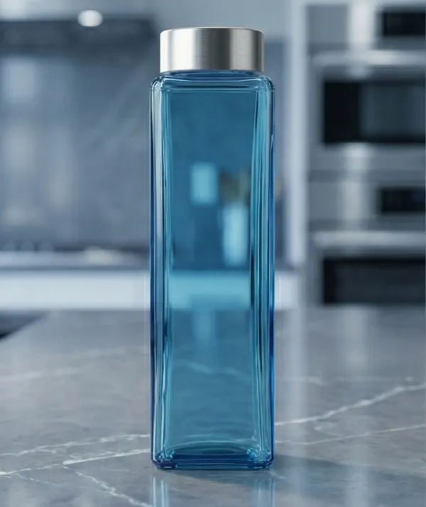 Glass_Square_Light_Blue_Water_Bottle_Silver_Steel_Cap_750_Ml