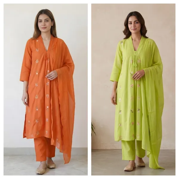 Orange_And_Green_Cotton_Suit_Set_For_Women_Pack_Of_2