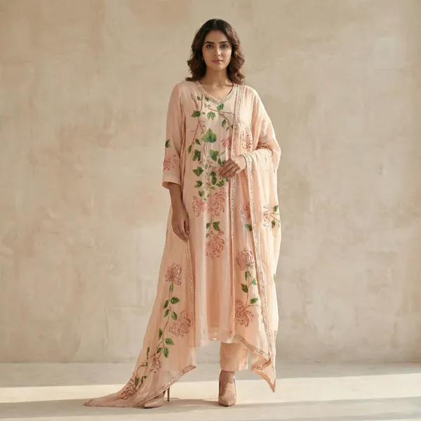 Peach_Pure_Chinon_Hand_Painted_Suit_Set_with_Hand_embroidery_for_Women