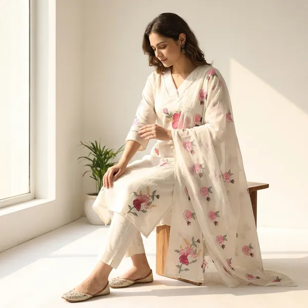 White_And_Red_Pure_Mul_Cotton_Suit_Set_For_Women