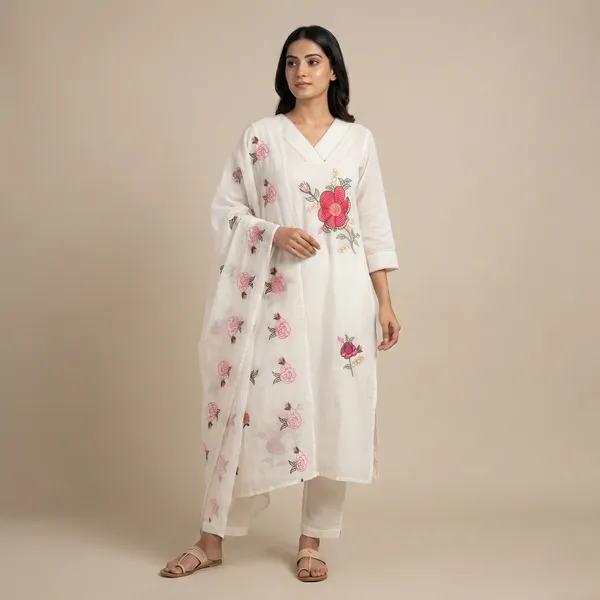 White_And_Red_Pure_Mul_Cotton_Suit_Set_For_Women