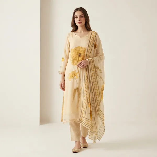 White_And_Yellow_Viscose_Organza_Suit_Set_For_Women