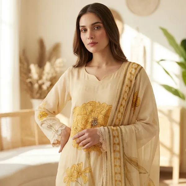 White_And_Yellow_Viscose_Organza_Suit_Set_For_Women