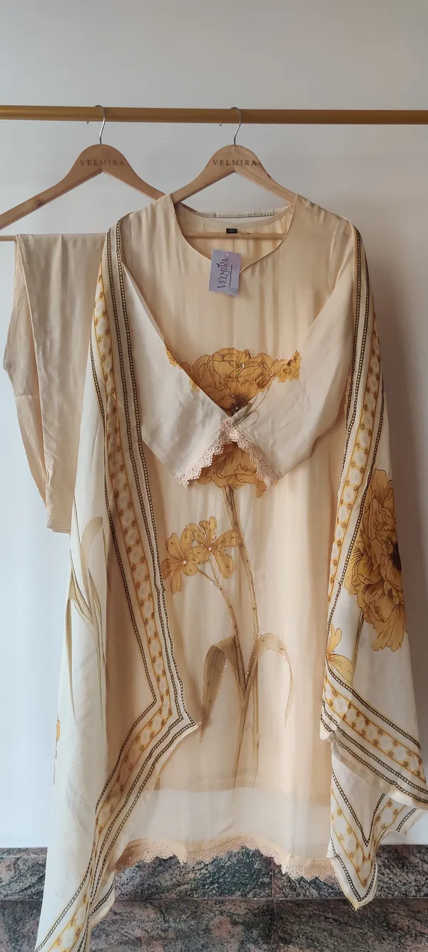 White_And_Yellow_Viscose_Organza_Suit_Set_For_Women
