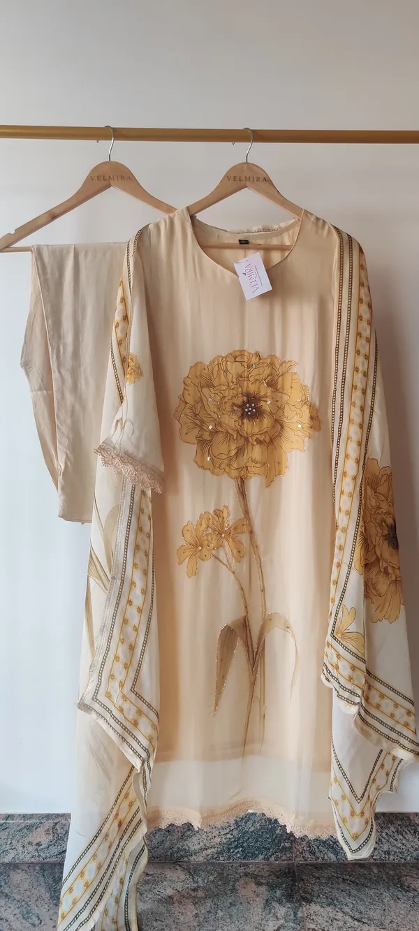 White_And_Yellow_Viscose_Organza_Suit_Set_For_Women