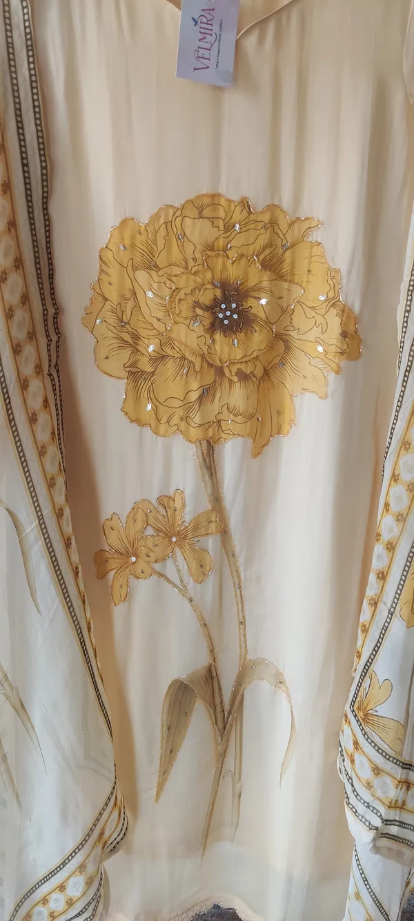 White_And_Yellow_Viscose_Organza_Suit_Set_For_Women