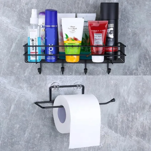 Self_Adhesive_Toilet_Paper_Holder_With_4_Hook_Shelf___Tissue_Paper_Roll_Towel_Holder__Storage_Rack__Standard_Size__Black__Combo_Pack__Toilet_Paper_Holder