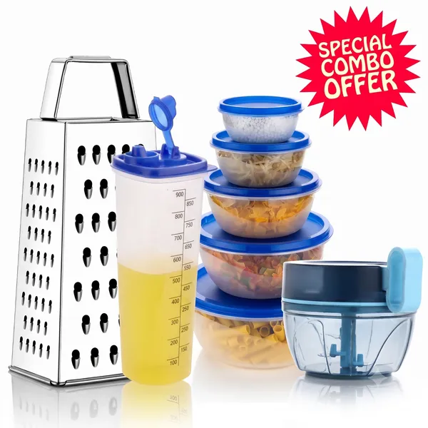 Complete_Kitchen_Prep_&_Storage_Combo_-_SS_Grater,_1000ml_Leakproof_Plastic_Oil_Dispenser,_500ml_Manual_Chopper_&_5_Pcs_Plastic_Container_Set