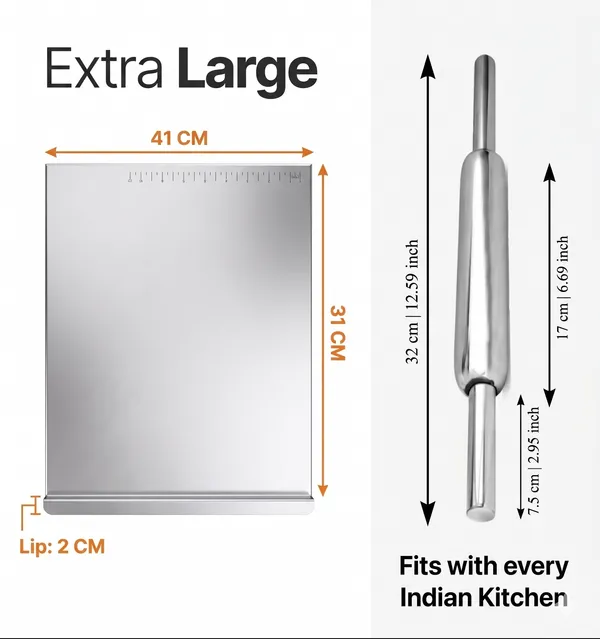 304_Stainless_Steel_Chopping_Board_with_Rolling_Pin_(Belan)_Combo__Extra_Large_(41x31_cm)_Double-Sided_Roti_Maker_Base_&_32cm_Steel_Belan_for_Kitchen_Prep_&_Dough_Kneading
