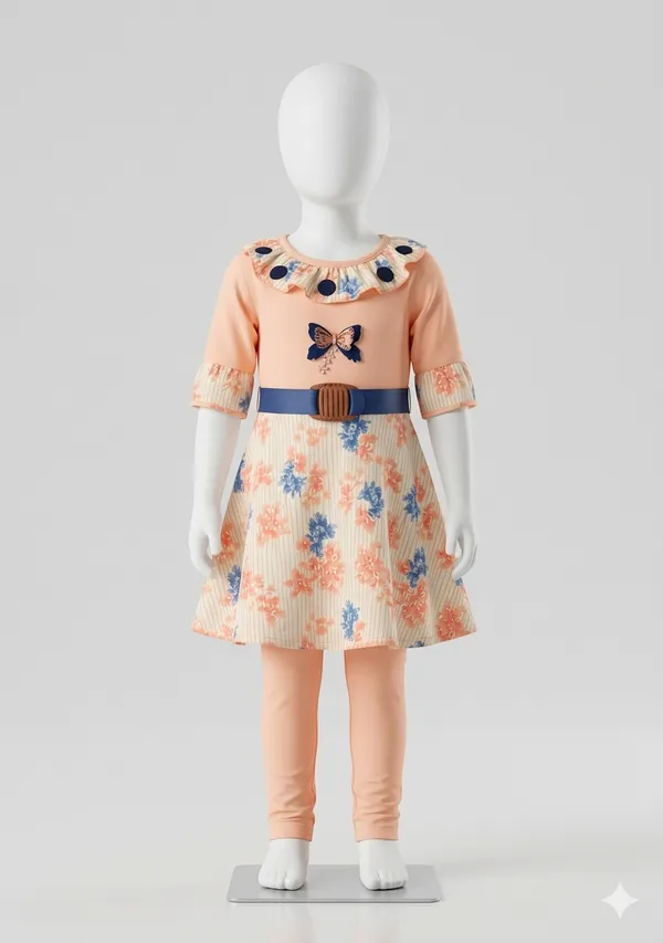 Peach_Floral_Print_Dress_With_Belt_For_Girls