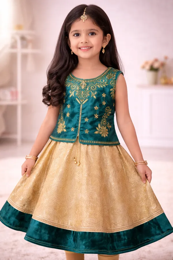 Girls_Teal_And_Gold_Embroidered_Anarkali_Dress_Set
