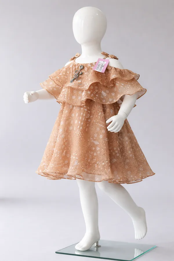Girls_Peach_Floral_Shimmer_Dress_With_Ruffled_Sleeves