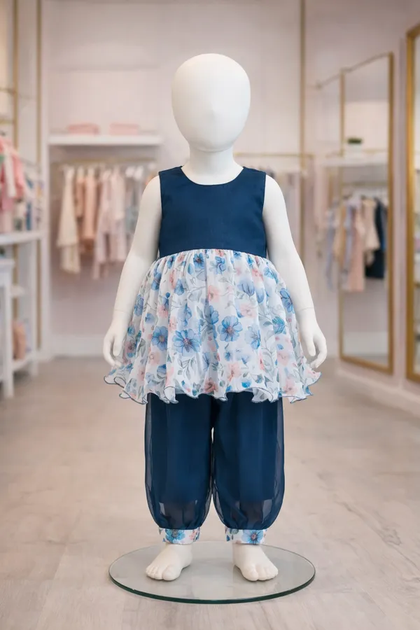 Girls_Blue_Floral_Ethnic_Dress_With_Pants_Set