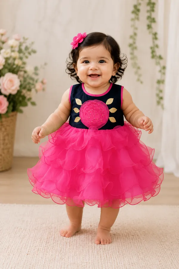 399/-_Sale_:_Girls_Navy_Blue_&_Hot_Pink_Floral_Party_Wear_Frock_-_NA