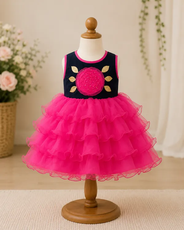 399/-_Sale_:_Girls_Navy_Blue_&_Hot_Pink_Floral_Party_Wear_Frock_-_NA