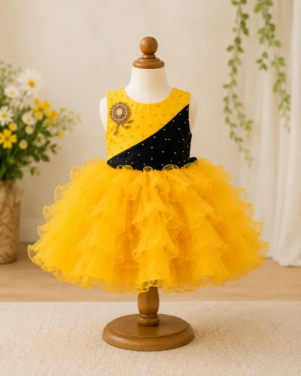 399/-_Sale_:_Girls_Yellow_&_Black_Layered_Party_Wear_Frock_-_NR