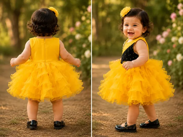 399/-_Sale_:_Girls_Yellow_&_Black_Layered_Party_Wear_Frock_-_NR