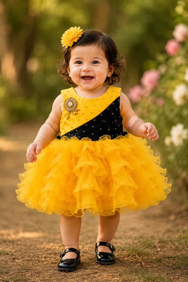399/-_Sale_:_Girls_Yellow_&_Black_Layered_Party_Wear_Frock_-_NR