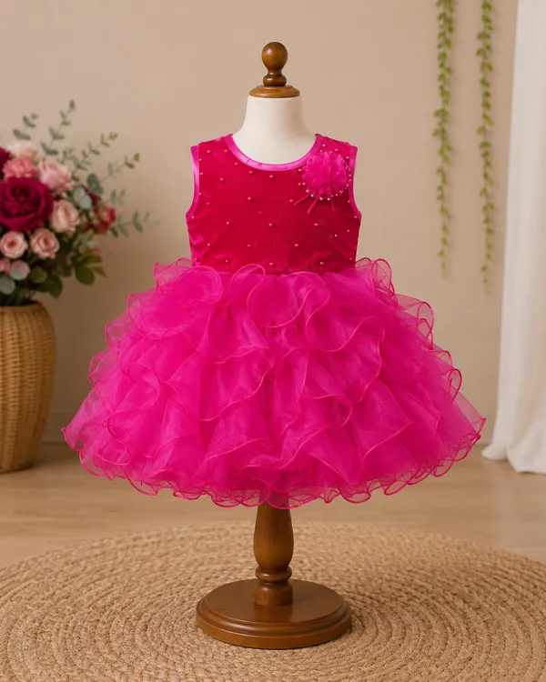 399/-_Sale_:_Hot_Pink_Pearl_Embellished_Princess_Party_Wear_Frock_-_NR