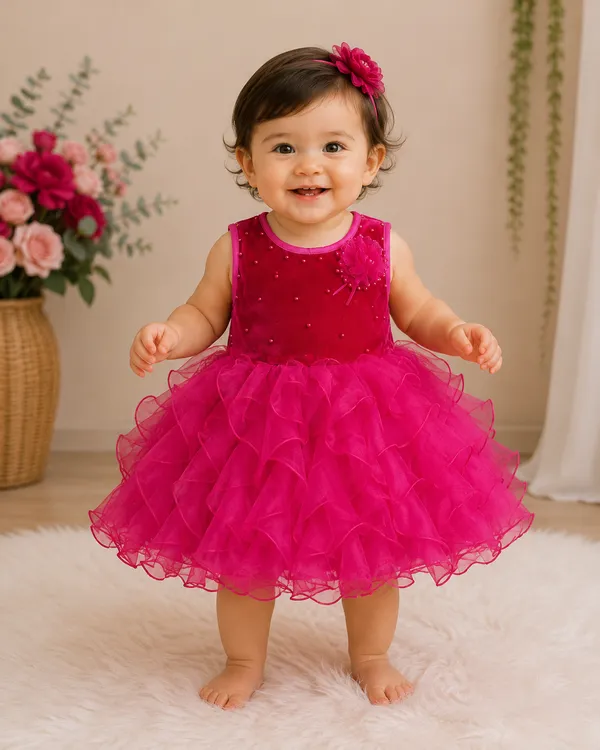 399/-_Sale_:_Hot_Pink_Pearl_Embellished_Princess_Party_Wear_Frock_-_NR