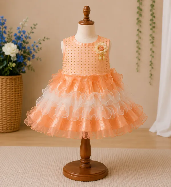 399/-_Sale_:_Peach_Pearl_Embellished_Princess_Party_Wear_Frock_-_NR