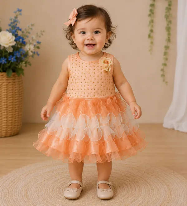 399/-_Sale_:_Peach_Pearl_Embellished_Princess_Party_Wear_Frock_-_NR