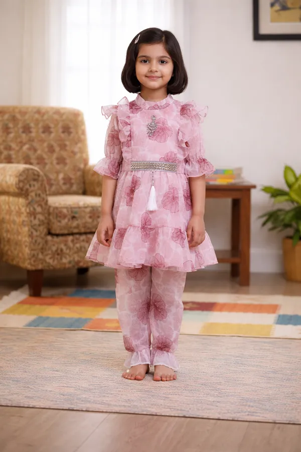 Girls_Pink_Floral_Printed_Dress_With_Pants_Set