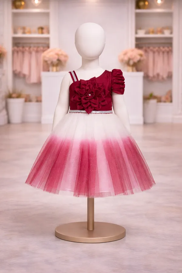 Girls_Party_Wear_Dress_-_Maroon_And_Pink_Tutu_Dress_With_Floral_Detailing