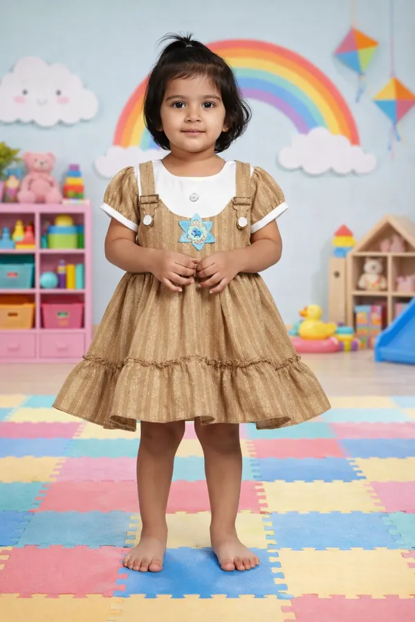 Girls_Brown_Frock_Dress_With_White_Yoke_And_Puff_Sleeves