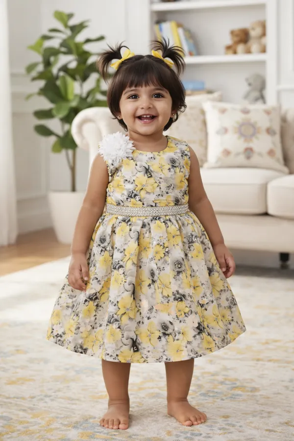 Yellow_Floral_Print_Sleeveless_Dress_For_Girls