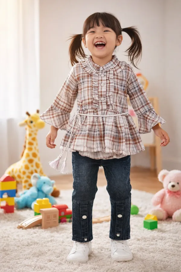 Girls_Checked_Peplum_Top_With_Black_And_Brown_Denim_Jeans_Set
