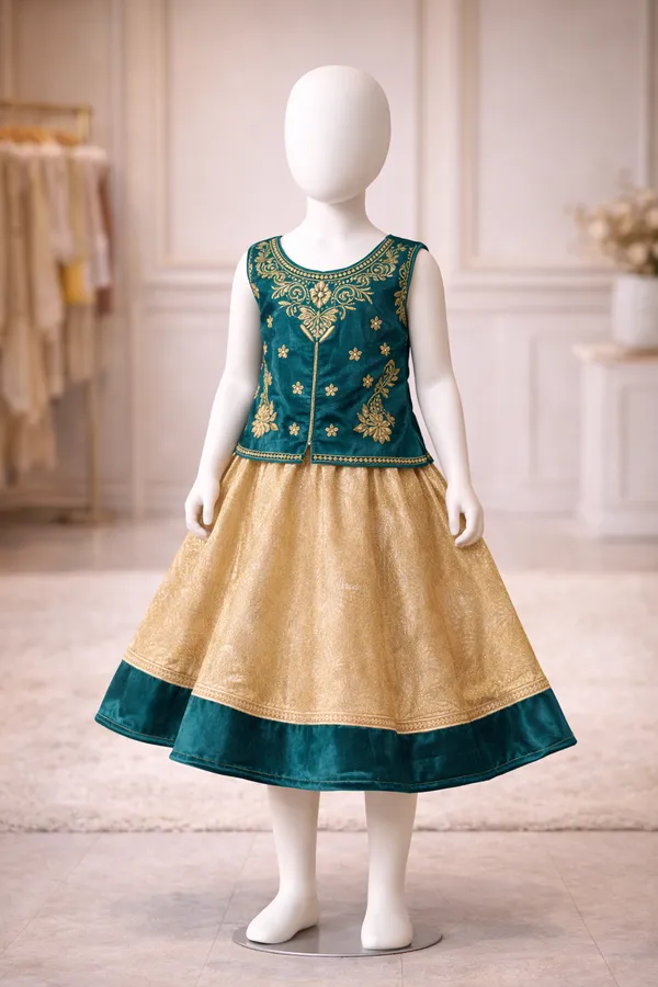 Girls_Teal_And_Gold_Embroidered_Anarkali_Dress_Set