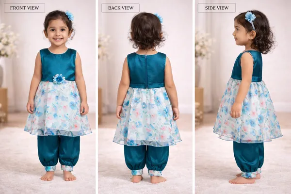 Girls_Teal_Blue_Floral_Printed_Ethnic_Dress_With_Matching_Pants_Set