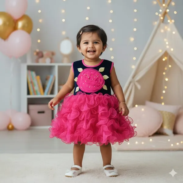 399/-_Sale_:_Girls_Navy_Blue_&_Hot_Pink_Floral_Party_Wear_Frock_-_NA