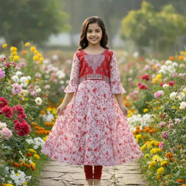 Girls_Red_And_White_Floral_Printed_Anarkali_Kurta_With_Embroidered_Yoke