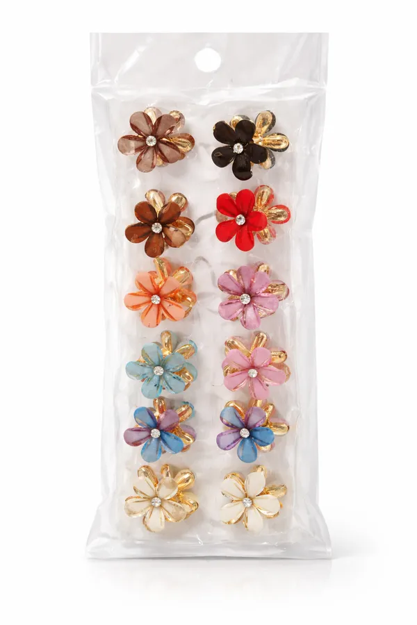 Colorful_Flower_Hair_Claw_Clips_Set_With_Gold_Accents_And_Crystal_Centers_(Pack_Of_12)