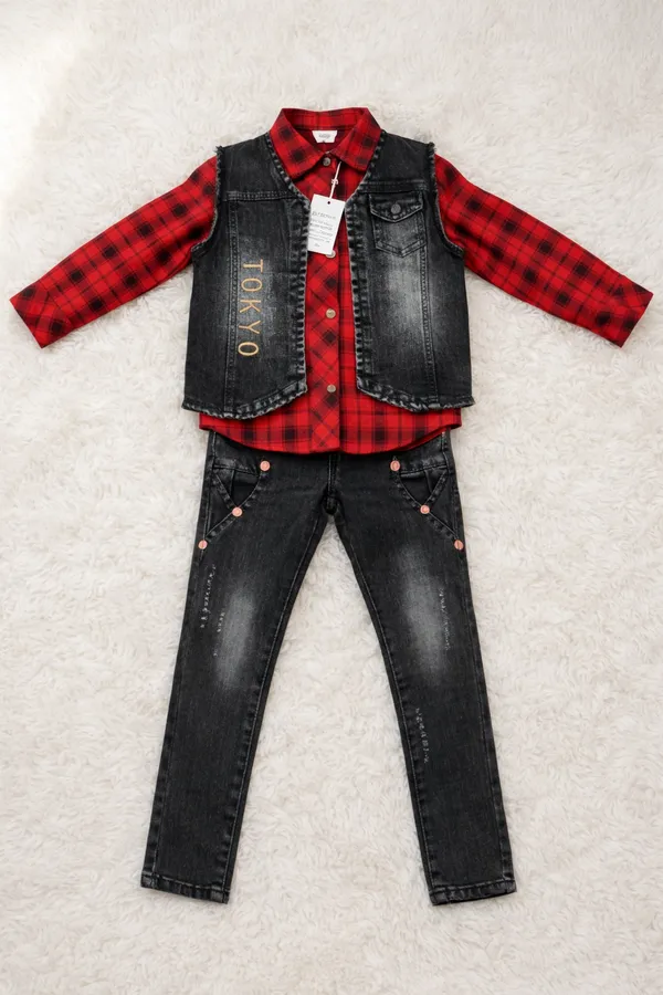 Girls_3-Piece_Denim_Vest_And_Red_Plaid_Shirt_Set_With_Black_Jeans_(Clearance_Sale)