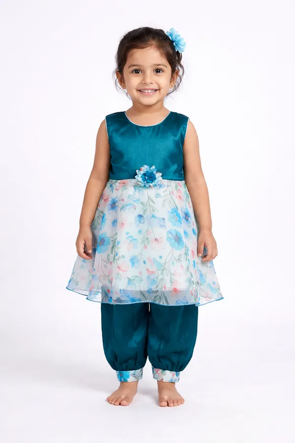 Girls_Teal_Blue_Floral_Printed_Ethnic_Dress_With_Matching_Pants_Set
